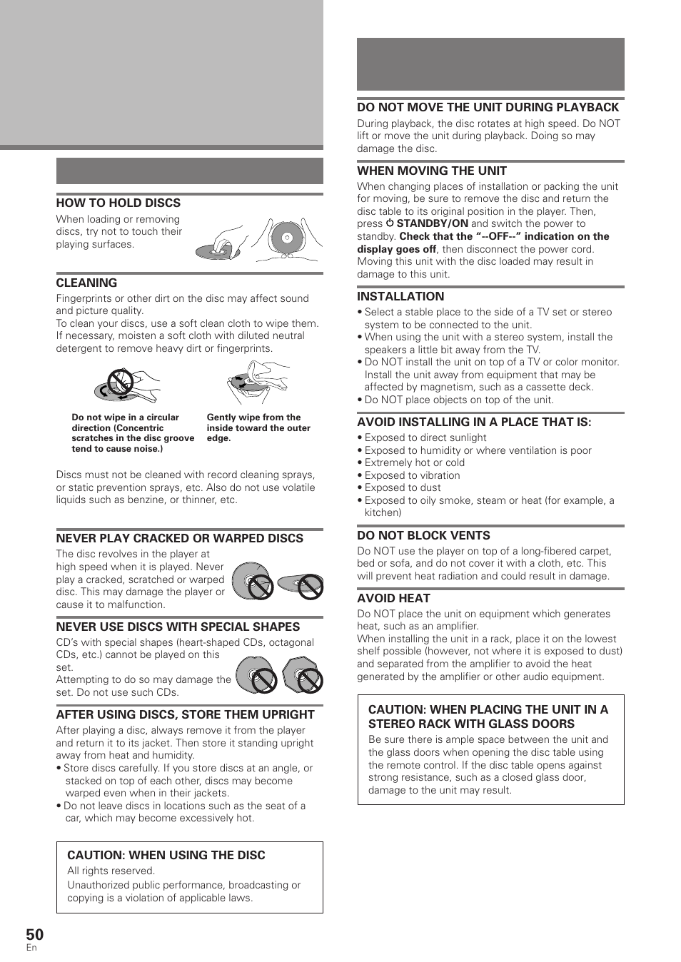 Additional information, Disc care for proper and long use of this unit, Disc care | For proper and long use of this unit | Pioneer DV-340 User Manual | Page 50 / 56