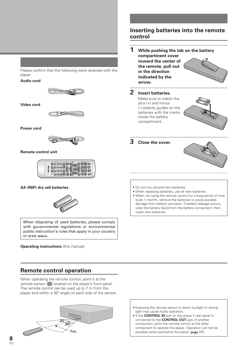 Before using, Checking accessories preparing the remote control, Checking accessories | Preparing the remote control, Inserting batteries into the remote control, Remote control operation, Insert batteries, Close the cover, 30 7m, Operating instructions (this manual) | Pioneer DV-340 User Manual | Page 8 / 56