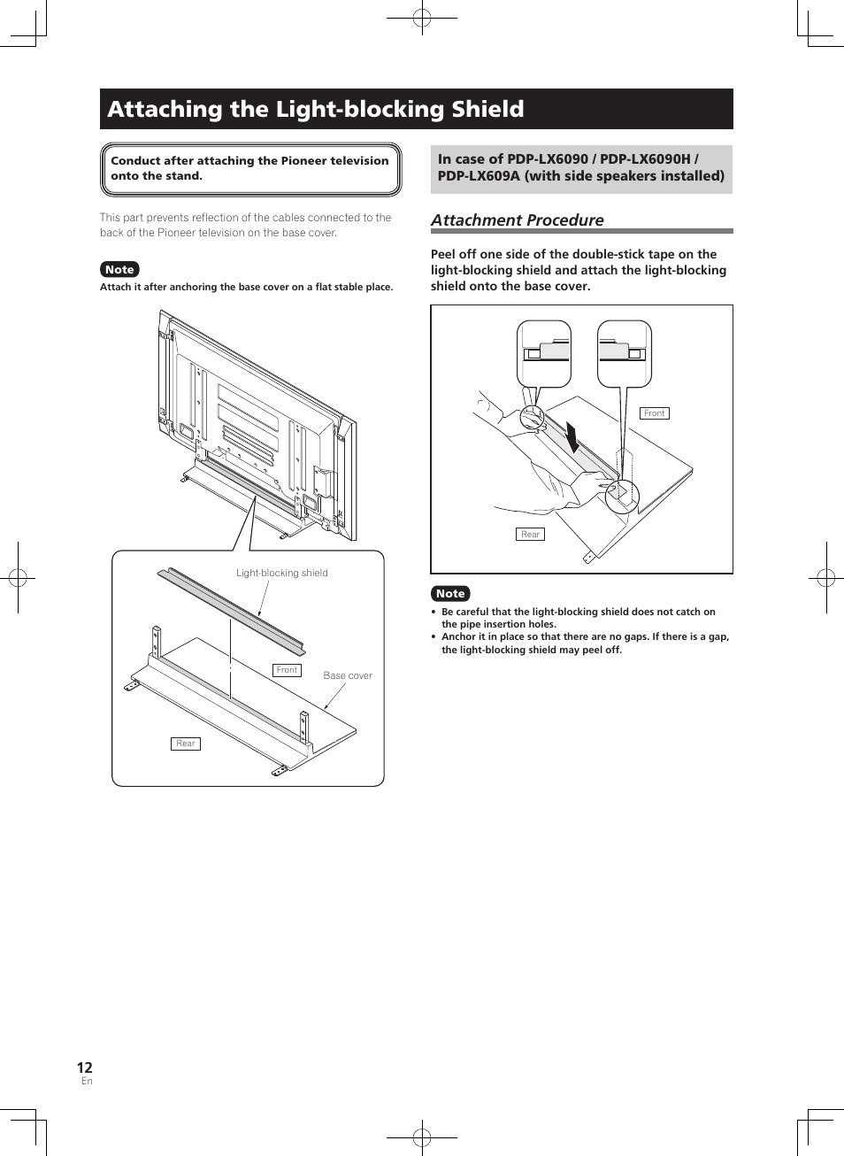 Attaching the light-blocking shield, Attachment procedure | Pioneer PDK-TS35A User Manual | Page 12 / 73