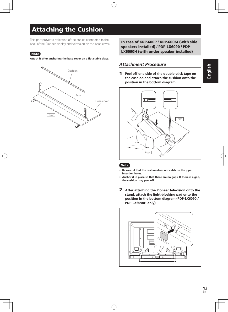 Attaching the cushion, English, Attachment procedure | Pioneer PDK-TS35A User Manual | Page 13 / 73