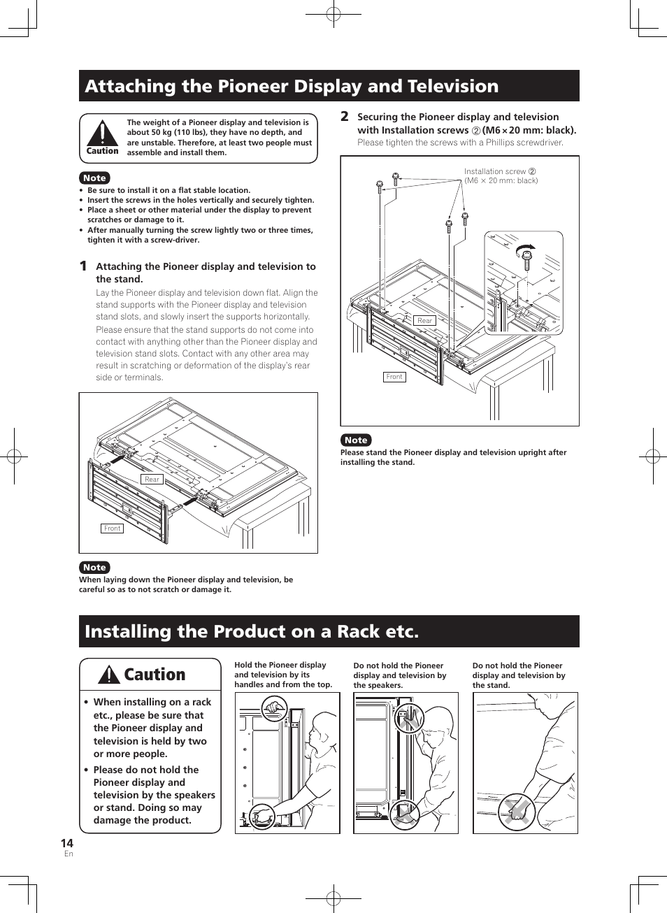 Attaching the pioneer display and, Television, Installing the product on a rack etc | Attaching the pioneer display and television | Pioneer PDK-TS35A User Manual | Page 14 / 73