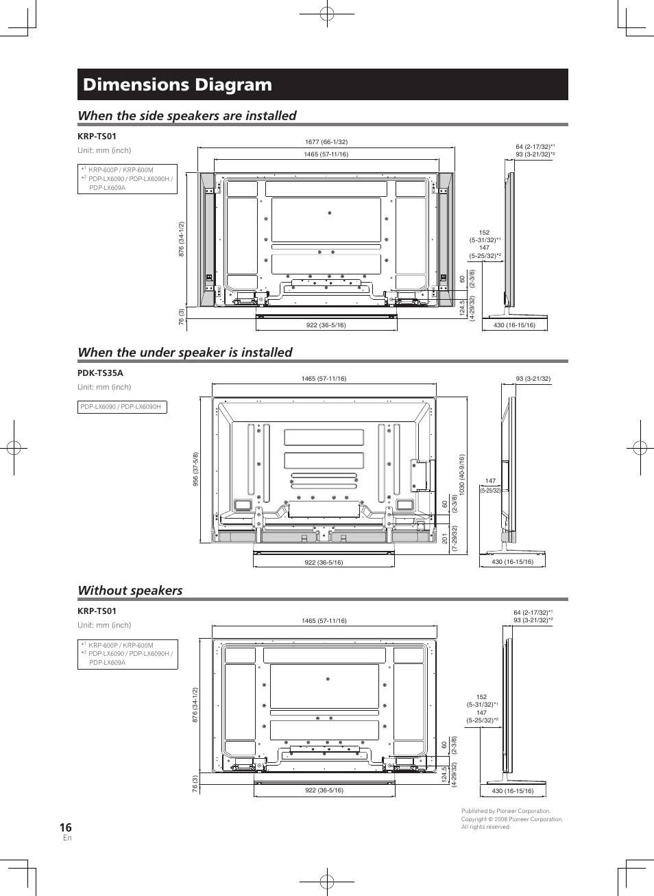 Dimensions diagram, When the side speakers are installed, When the under speaker is installed | Without speakers | Pioneer PDK-TS35A User Manual | Page 16 / 73