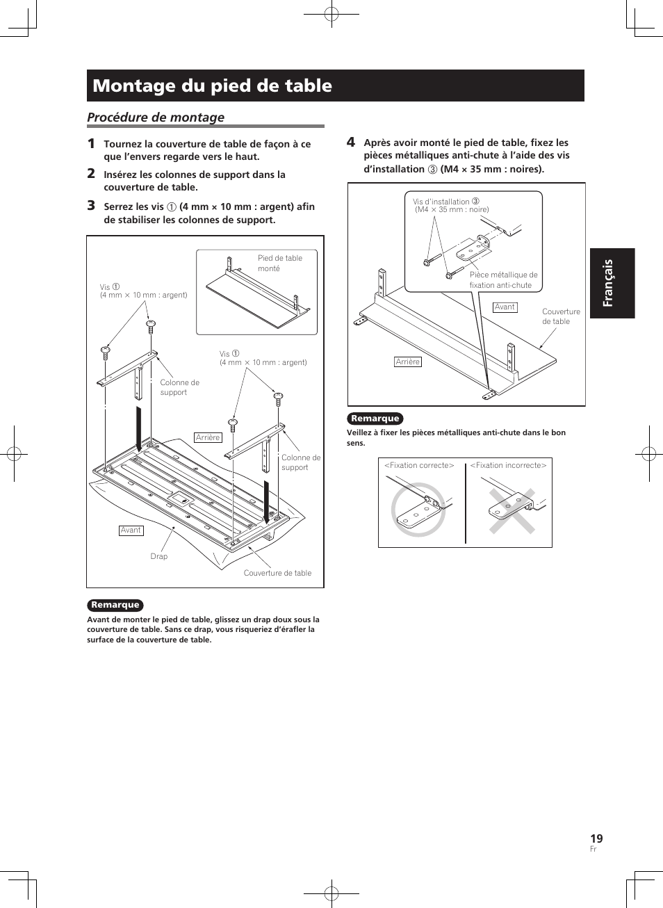 Montage du pied de table, Français procédure de montage | Pioneer PDK-TS35A User Manual | Page 19 / 73