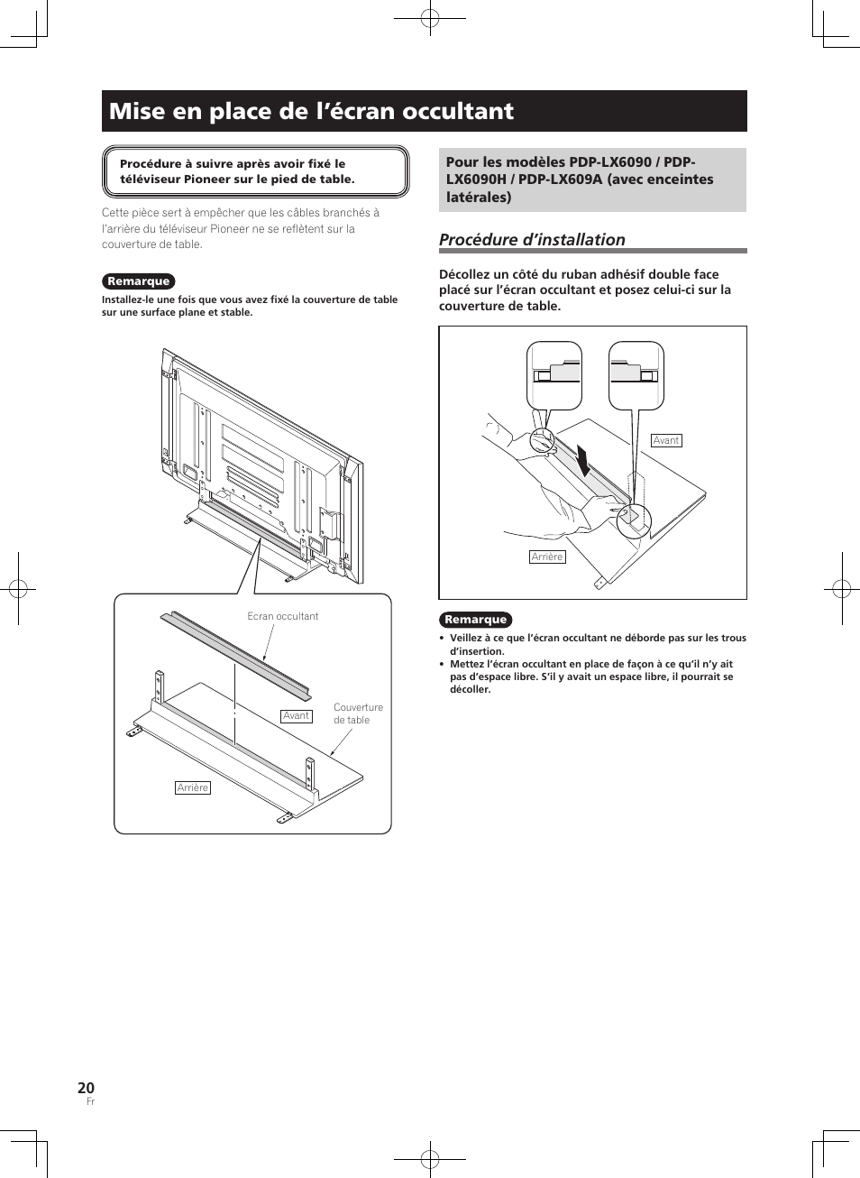 Mise en place de l’écran occultant, Procédure d’installation | Pioneer PDK-TS35A User Manual | Page 20 / 73