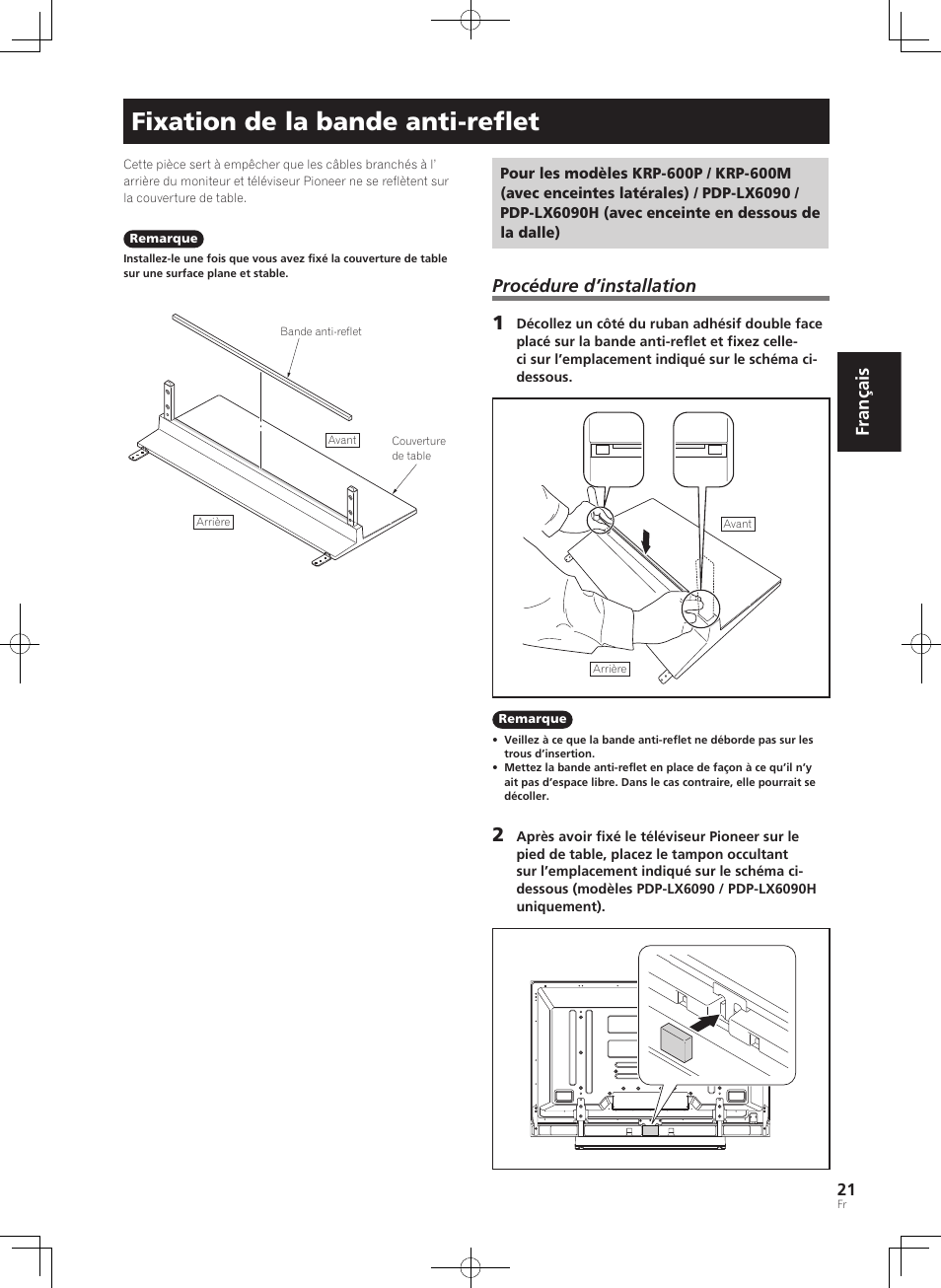 Fixation de la bande anti-reﬂet, Français, Procédure d’installation | Pioneer PDK-TS35A User Manual | Page 21 / 73