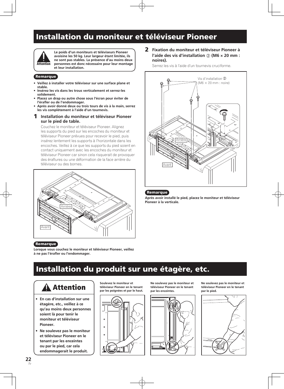 Installation du moniteur et téléviseur pioneer, Installation du produit sur une étagère, etc | Pioneer PDK-TS35A User Manual | Page 22 / 73