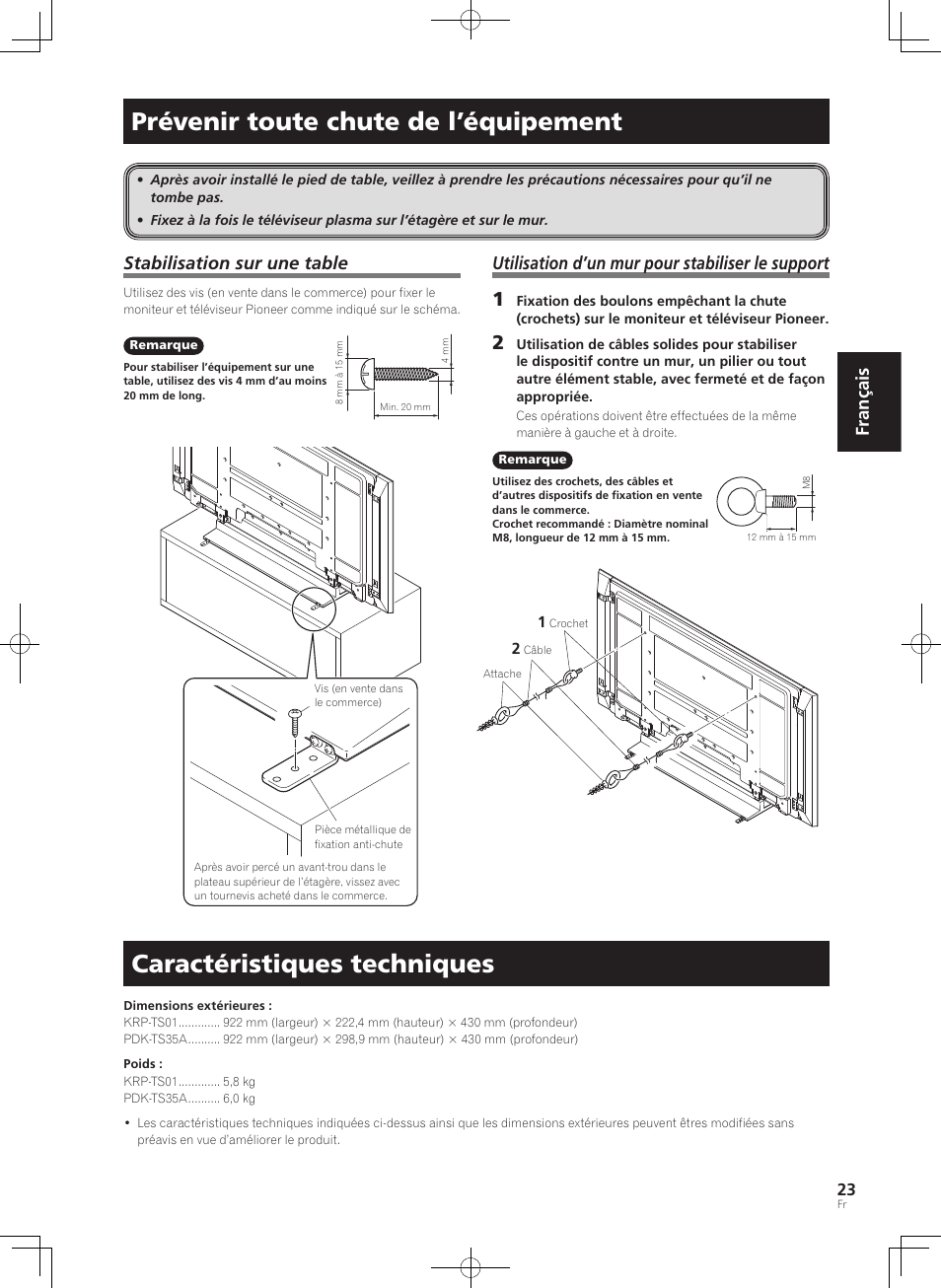 Prévenir toute chute de l’équipement, Caractéristiques techniques, Français | Stabilisation sur une table, Utilisation d’un mur pour stabiliser le support | Pioneer PDK-TS35A User Manual | Page 23 / 73