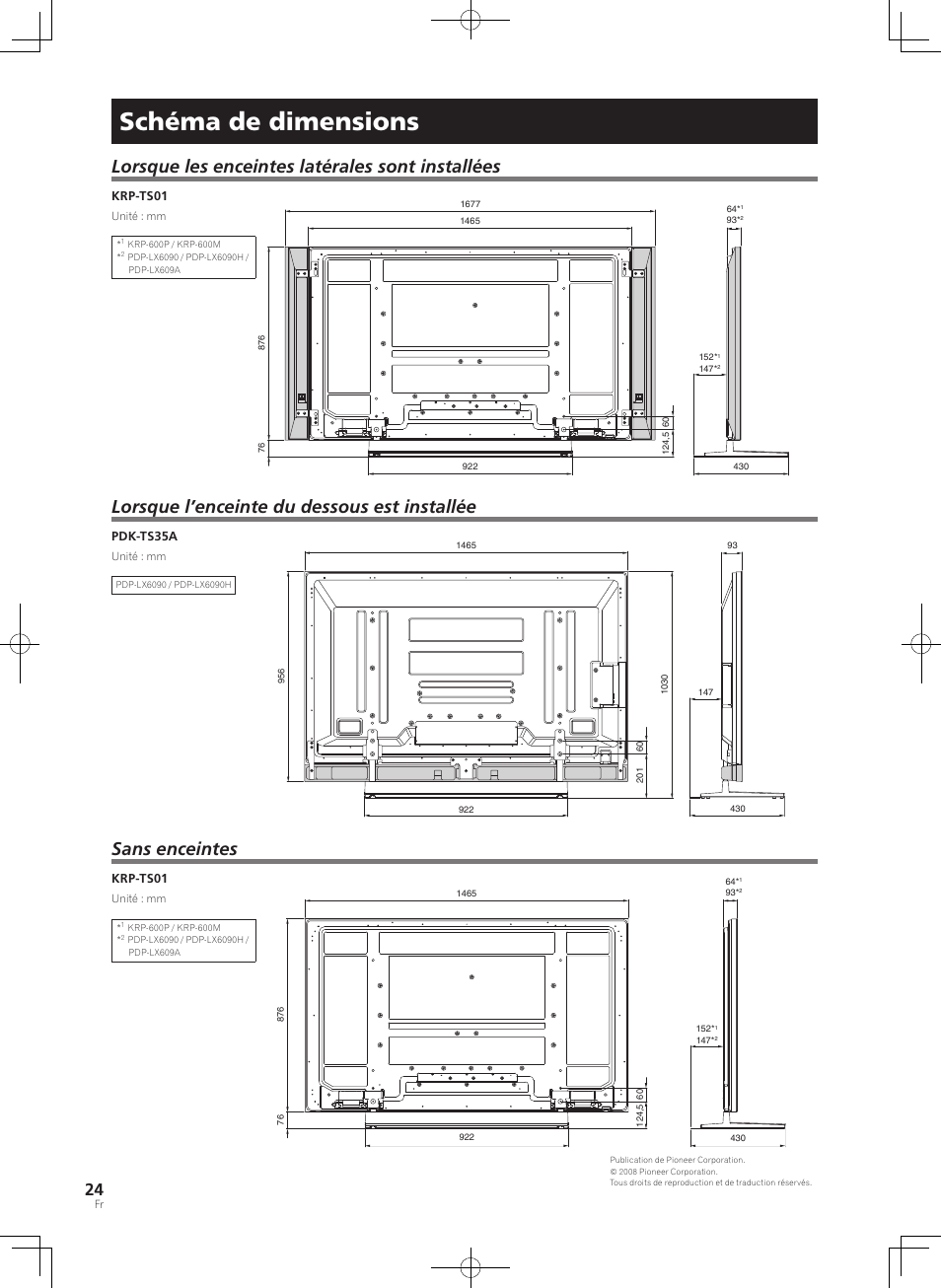 Schéma de dimensions, Lorsque les enceintes latérales sont installées, Lorsque l’enceinte du dessous est installée | Sans enceintes | Pioneer PDK-TS35A User Manual | Page 24 / 73