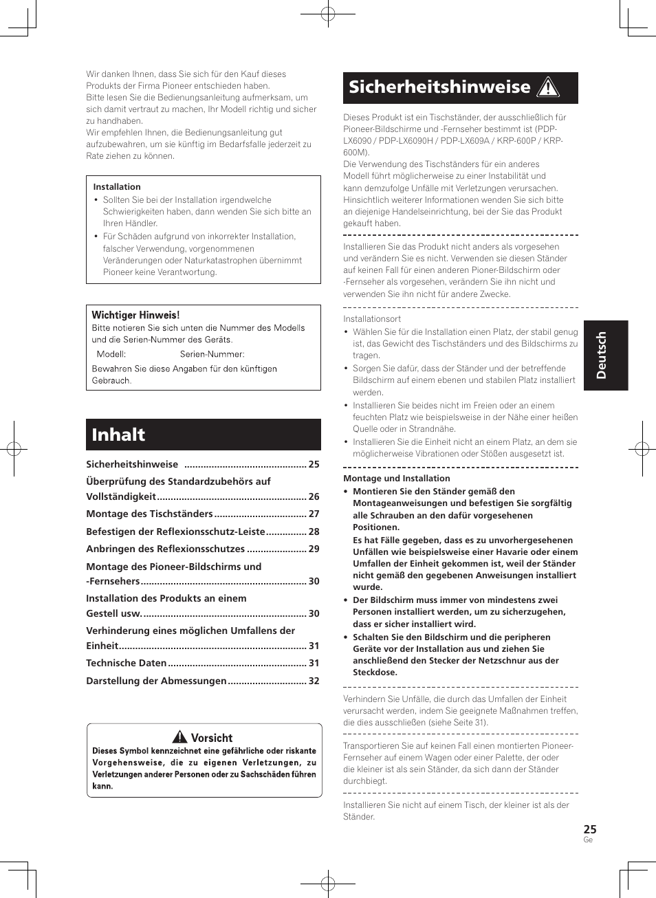 Inhalt, Sicherheitshinweise, Deutsch | Pioneer PDK-TS35A User Manual | Page 25 / 73