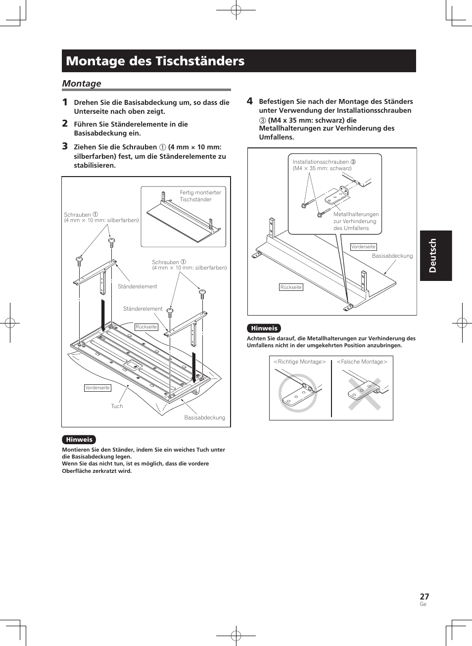 Montage des tischständers, Deutsch montage | Pioneer PDK-TS35A User Manual | Page 27 / 73