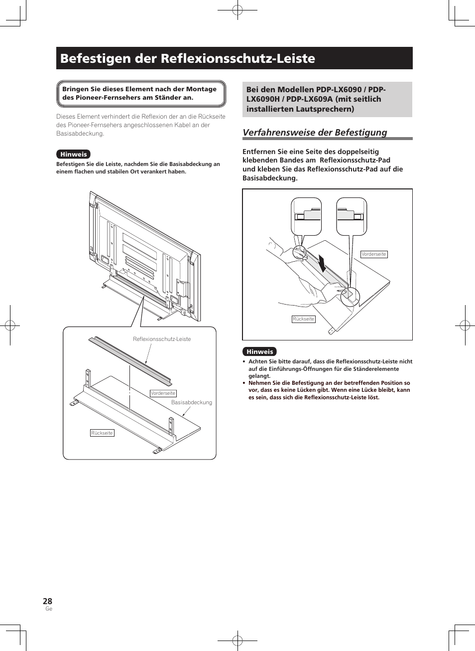 Befestigen der reﬂexionsschutz-leiste, Verfahrensweise der befestigung | Pioneer PDK-TS35A User Manual | Page 28 / 73