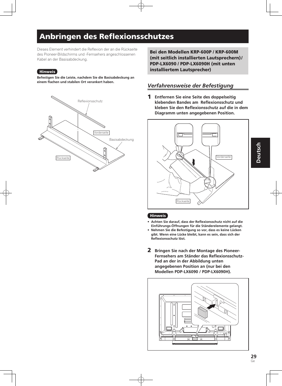 Anbringen des reﬂexionsschutzes, Deutsch, Verfahrensweise der befestigung | Pioneer PDK-TS35A User Manual | Page 29 / 73