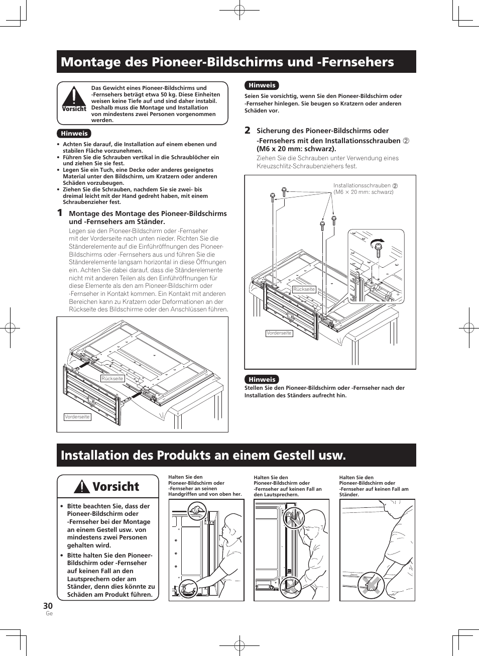 Montage des pioneer-bildschirms und -fernsehers, Installation des produkts an einem gestell usw | Pioneer PDK-TS35A User Manual | Page 30 / 73