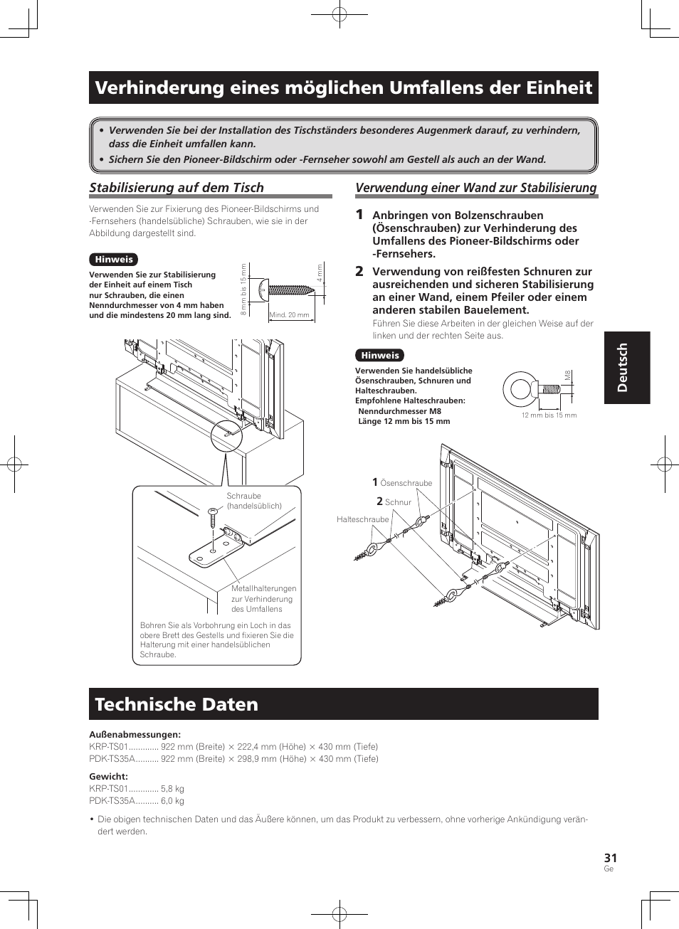 Verhinderung eines möglichen umfallens der einheit, Technische daten, Deutsch | Stabilisierung auf dem tisch, Verwendung einer wand zur stabilisierung | Pioneer PDK-TS35A User Manual | Page 31 / 73