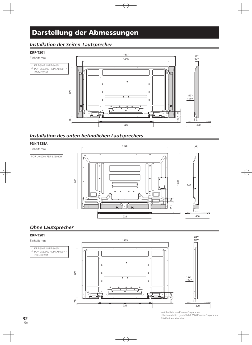 Darstellung der abmessungen, Installation der seiten-lautsprecher, Installation des unten befindlichen lautsprechers | Ohne lautsprecher | Pioneer PDK-TS35A User Manual | Page 32 / 73