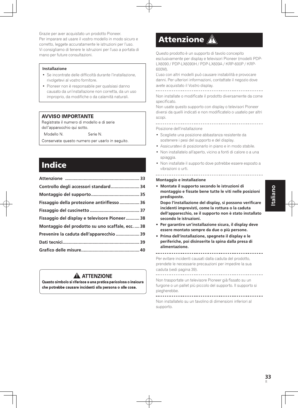 Indice, Attenzione, Italiano | Pioneer PDK-TS35A User Manual | Page 33 / 73