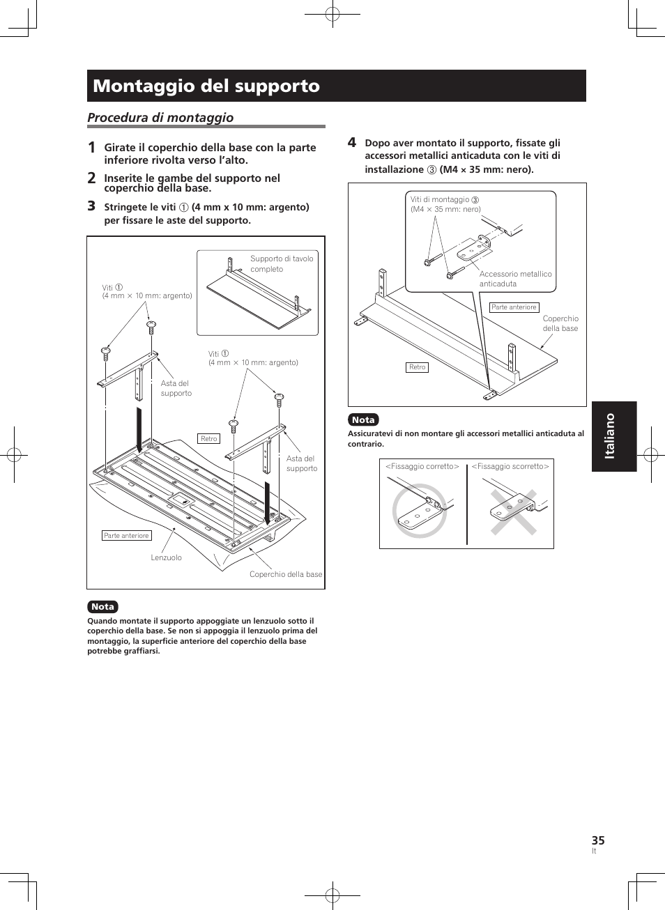 Montaggio del supporto, Italiano procedura di montaggio | Pioneer PDK-TS35A User Manual | Page 35 / 73