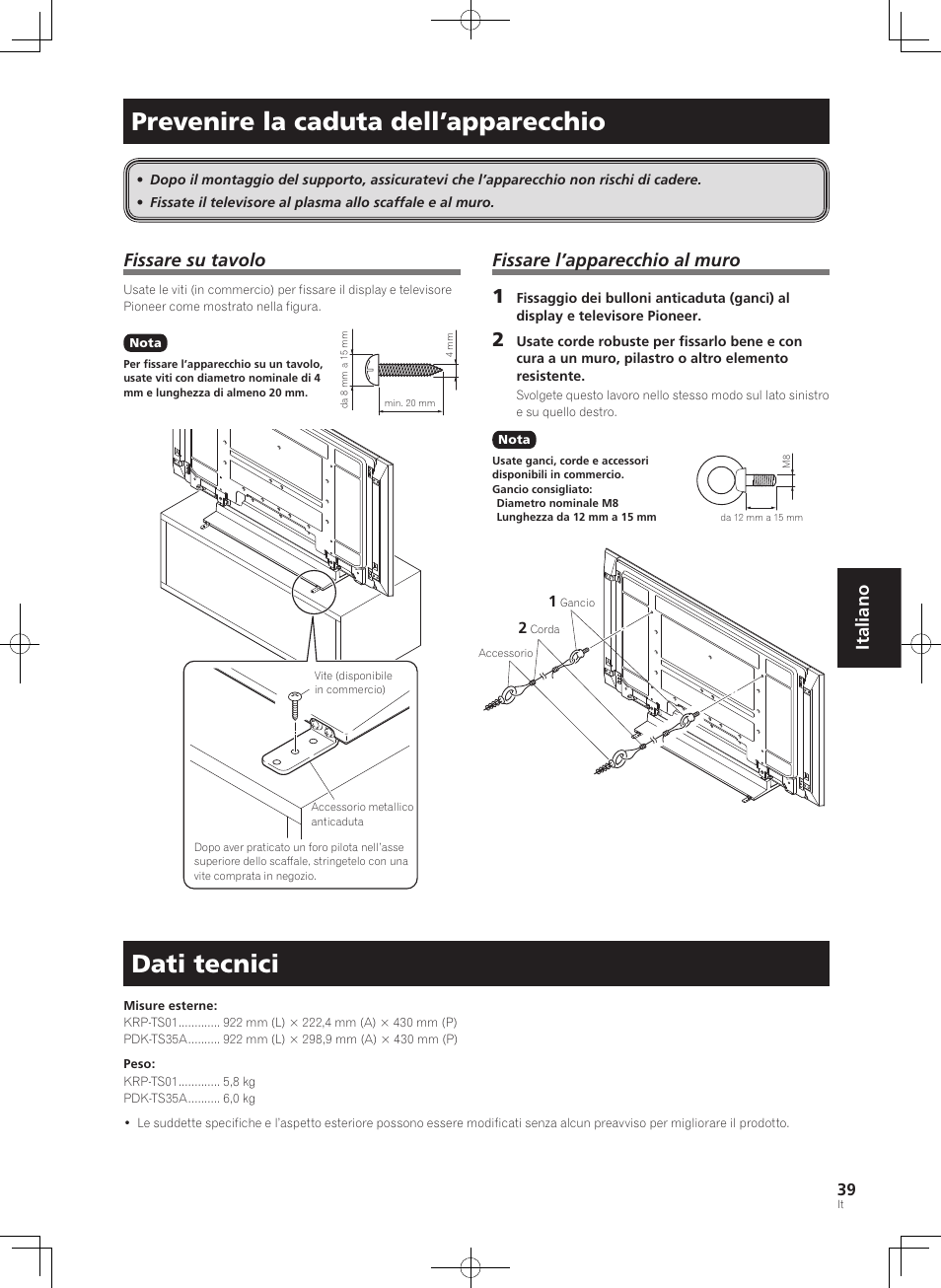 Prevenire la caduta dell’apparecchio, Dati tecnici, Italiano | Fissare su tavolo, Fissare l’apparecchio al muro | Pioneer PDK-TS35A User Manual | Page 39 / 73