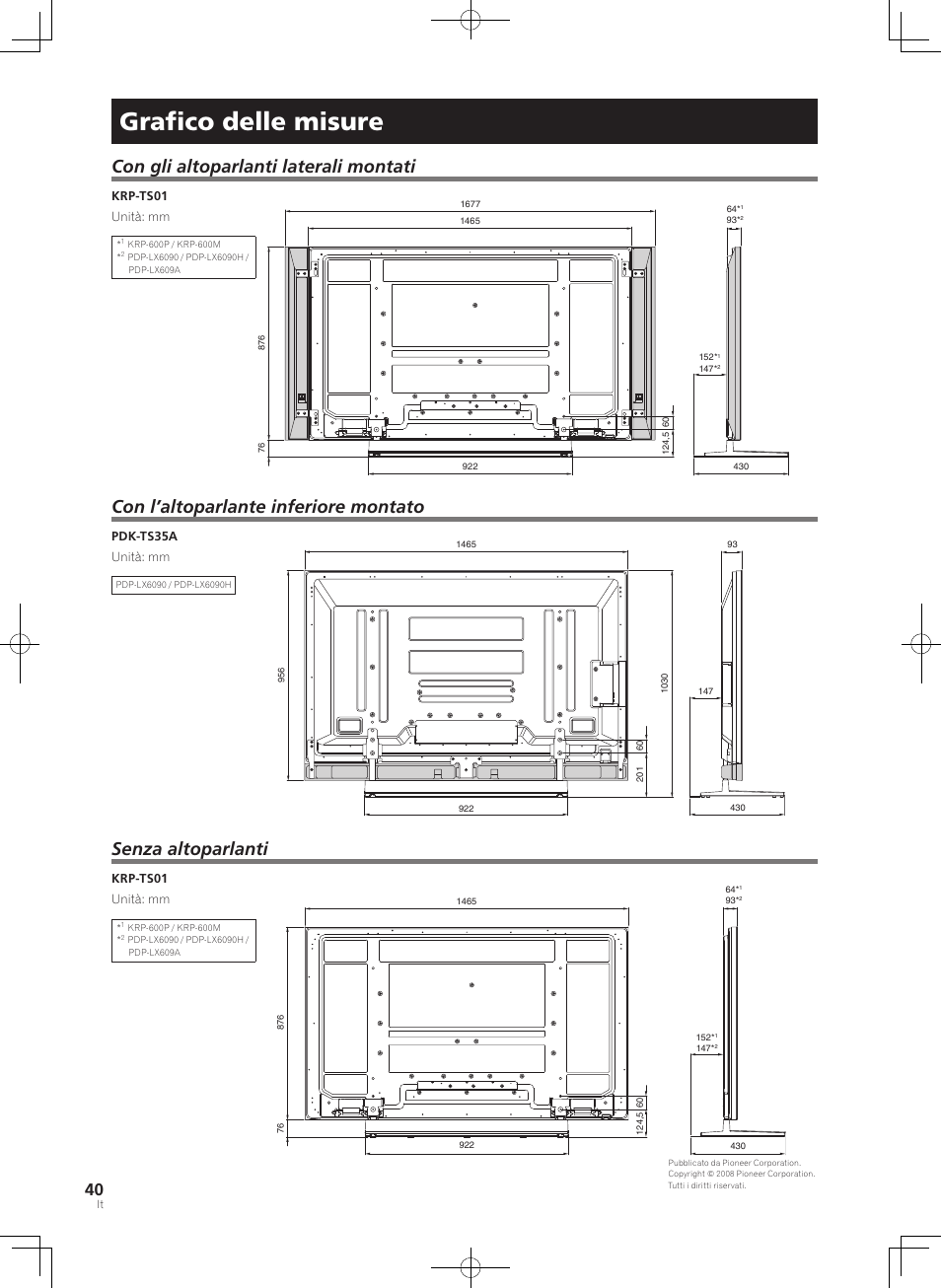 Graﬁco delle misure, Con gli altoparlanti laterali montati, Con l’altoparlante inferiore montato | Senza altoparlanti | Pioneer PDK-TS35A User Manual | Page 40 / 73