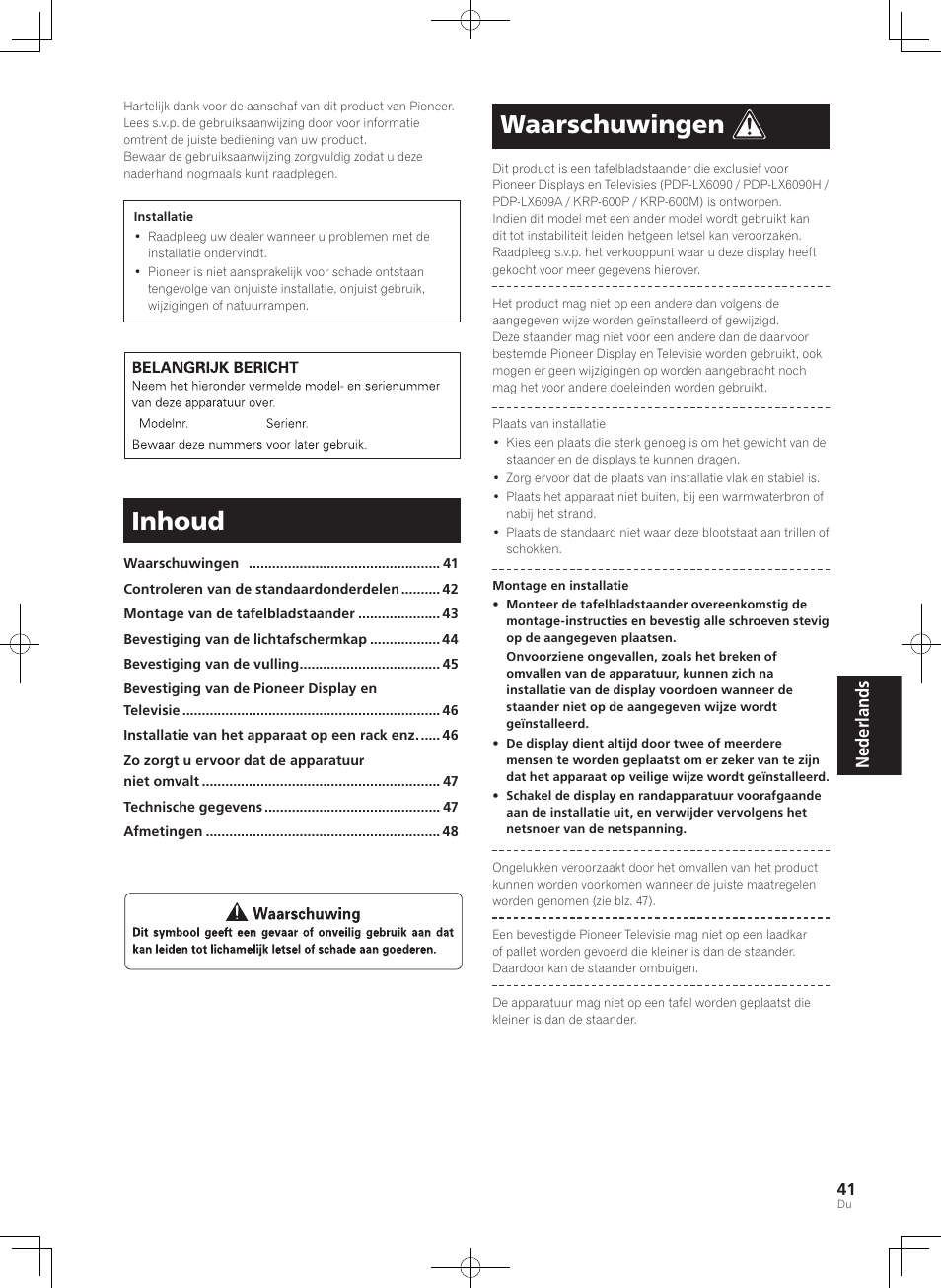 Inhoud, Waarschuwingen, Nederlands | Pioneer PDK-TS35A User Manual | Page 41 / 73