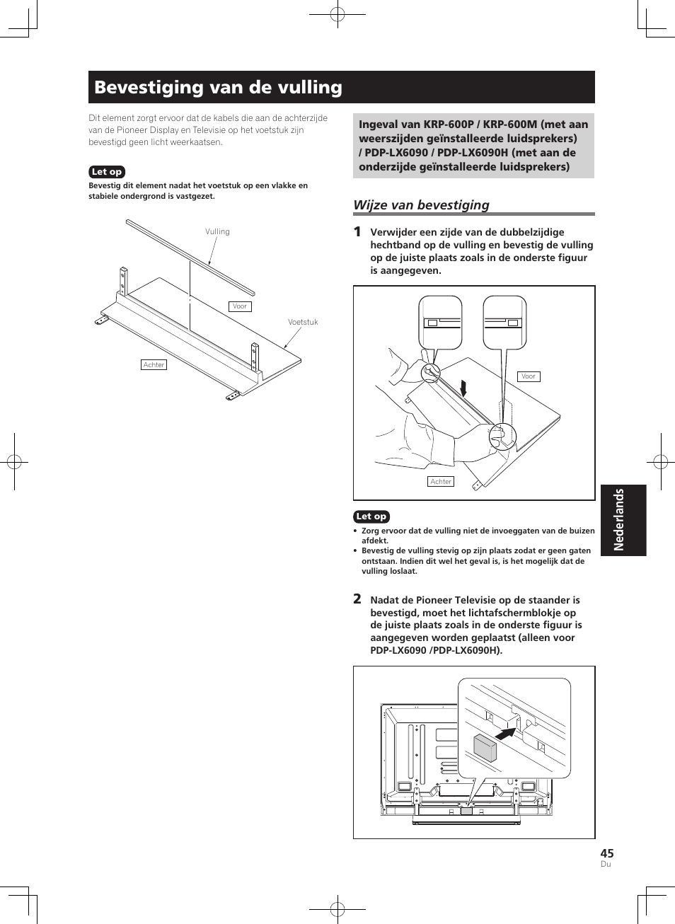 Bevestiging van de vulling, Nederlands, Wijze van bevestiging | Pioneer PDK-TS35A User Manual | Page 45 / 73