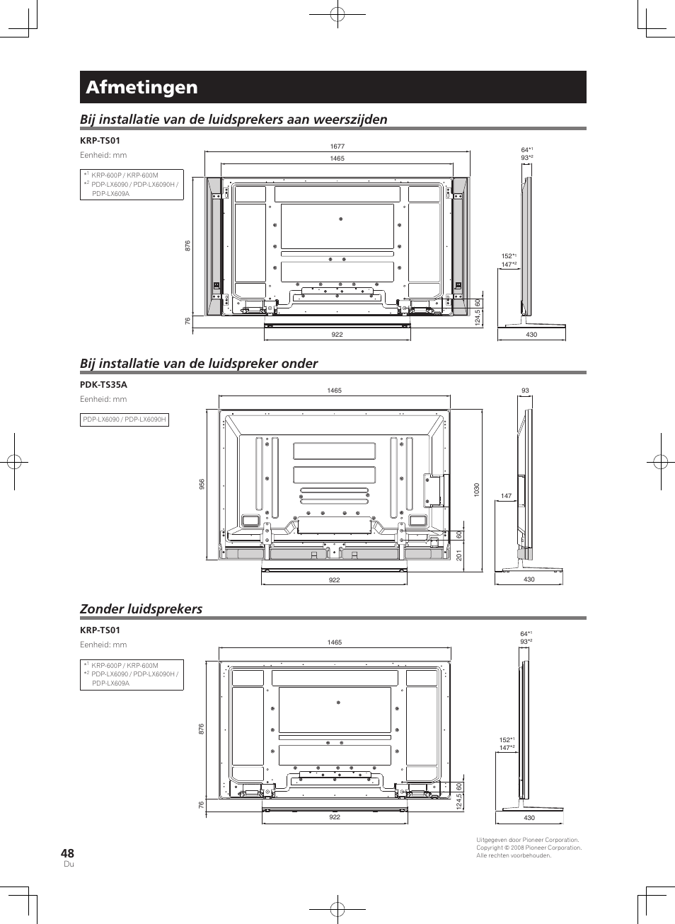 Afmetingen, Bij installatie van de luidspreker onder, Zonder luidsprekers | Pioneer PDK-TS35A User Manual | Page 48 / 73