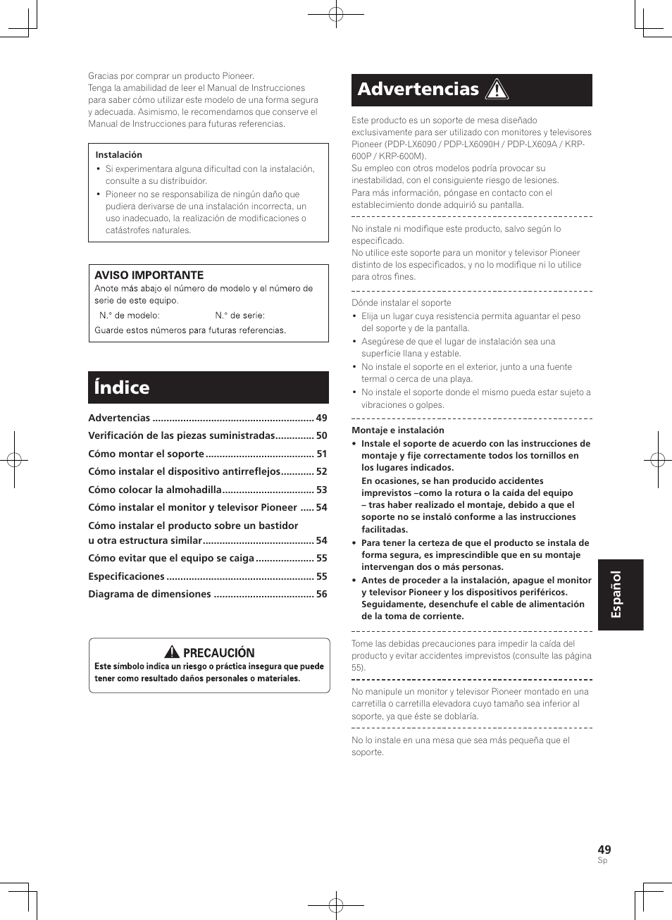 Índice, Advertencias, Español | Pioneer PDK-TS35A User Manual | Page 49 / 73