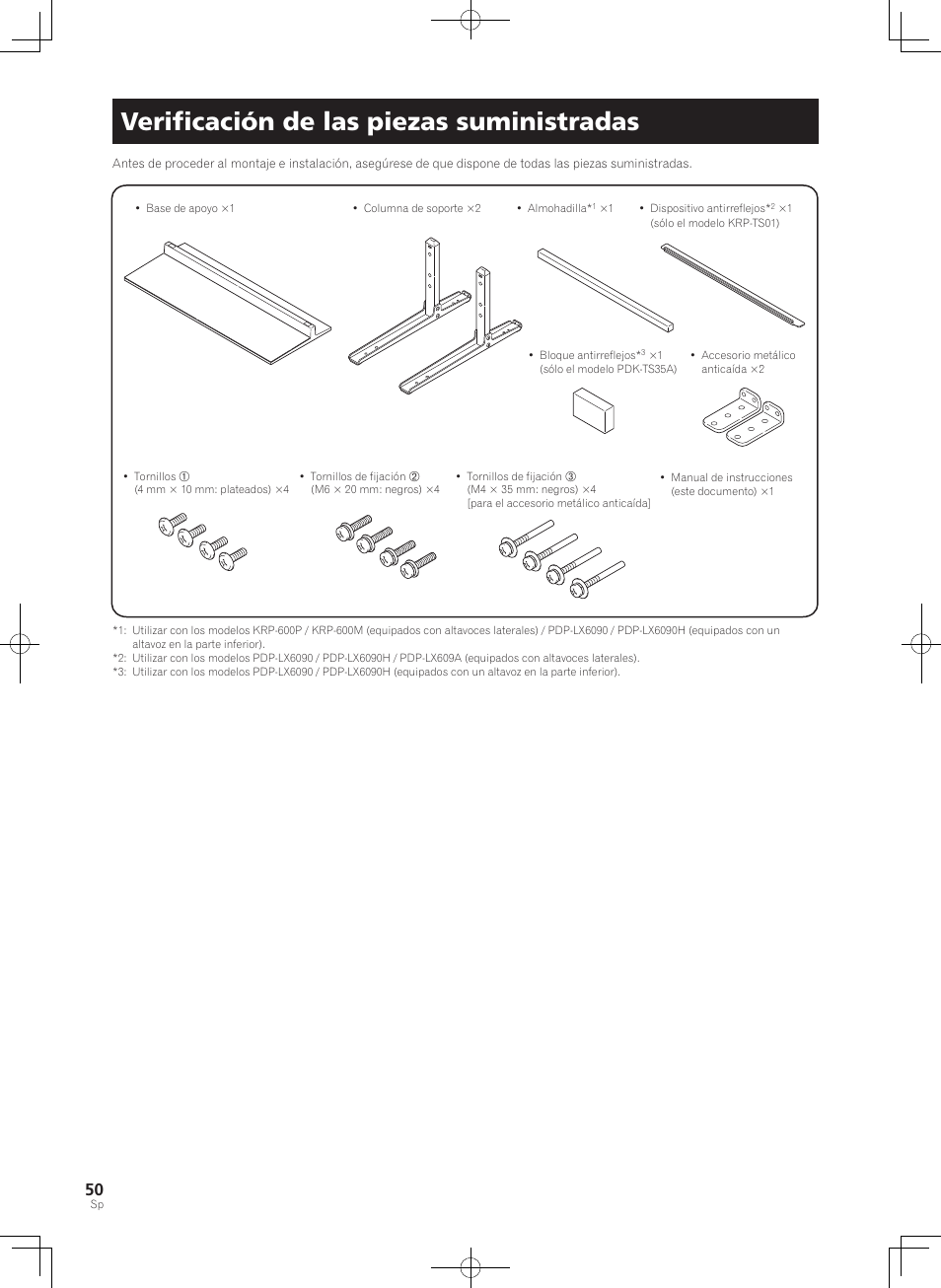 Veriﬁcación de las piezas suministradas | Pioneer PDK-TS35A User Manual | Page 50 / 73