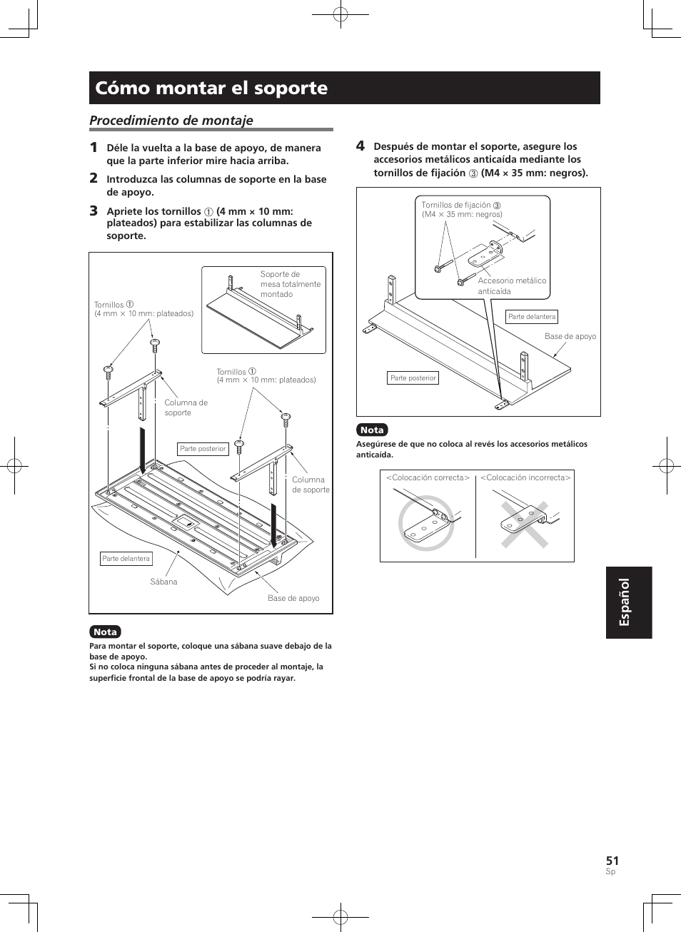 Cómo montar el soporte, Español procedimiento de montaje | Pioneer PDK-TS35A User Manual | Page 51 / 73