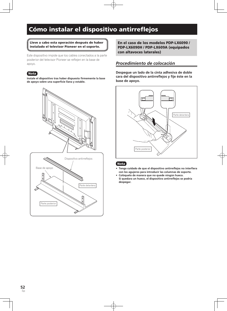 Cómo instalar el dispositivo antirreﬂejos, Procedimiento de colocación | Pioneer PDK-TS35A User Manual | Page 52 / 73