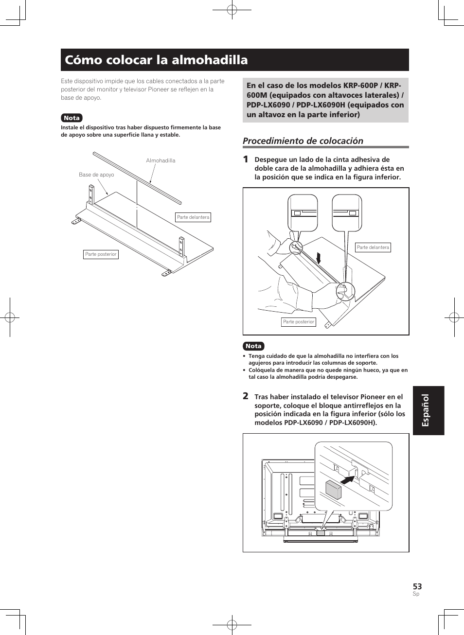 Cómo colocar la almohadilla, Español, Procedimiento de colocación | Pioneer PDK-TS35A User Manual | Page 53 / 73