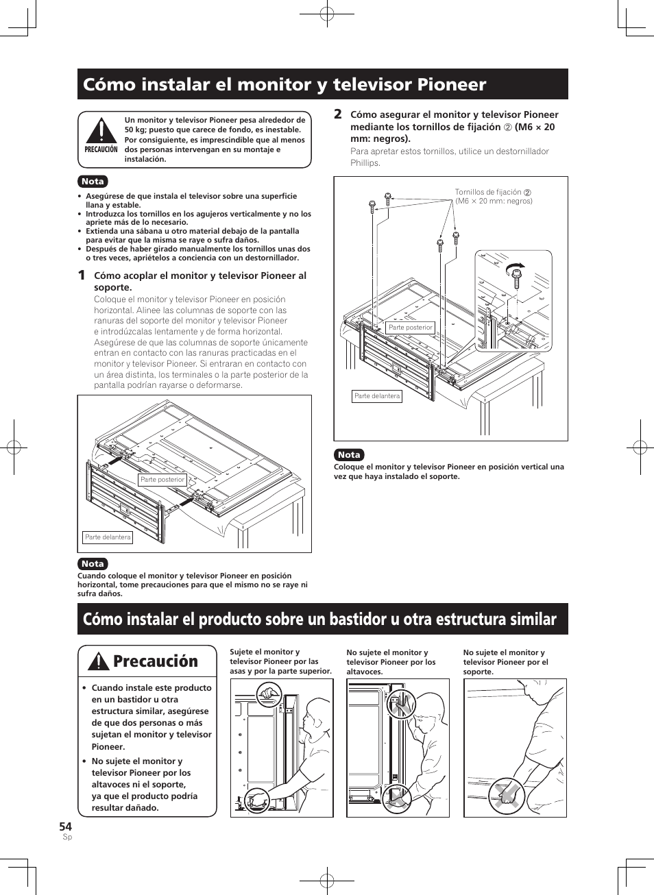 Cómo instalar el monitor y televisor pioneer | Pioneer PDK-TS35A User Manual | Page 54 / 73