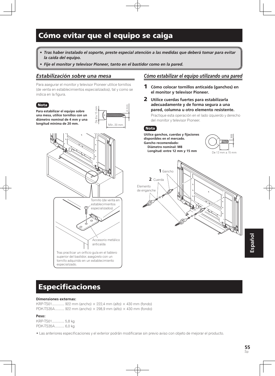 Cómo evitar que el equipo se caiga, Especiﬁcaciones, Español | Estabilización sobre una mesa, Cómo estabilizar el equipo utilizando una pared | Pioneer PDK-TS35A User Manual | Page 55 / 73