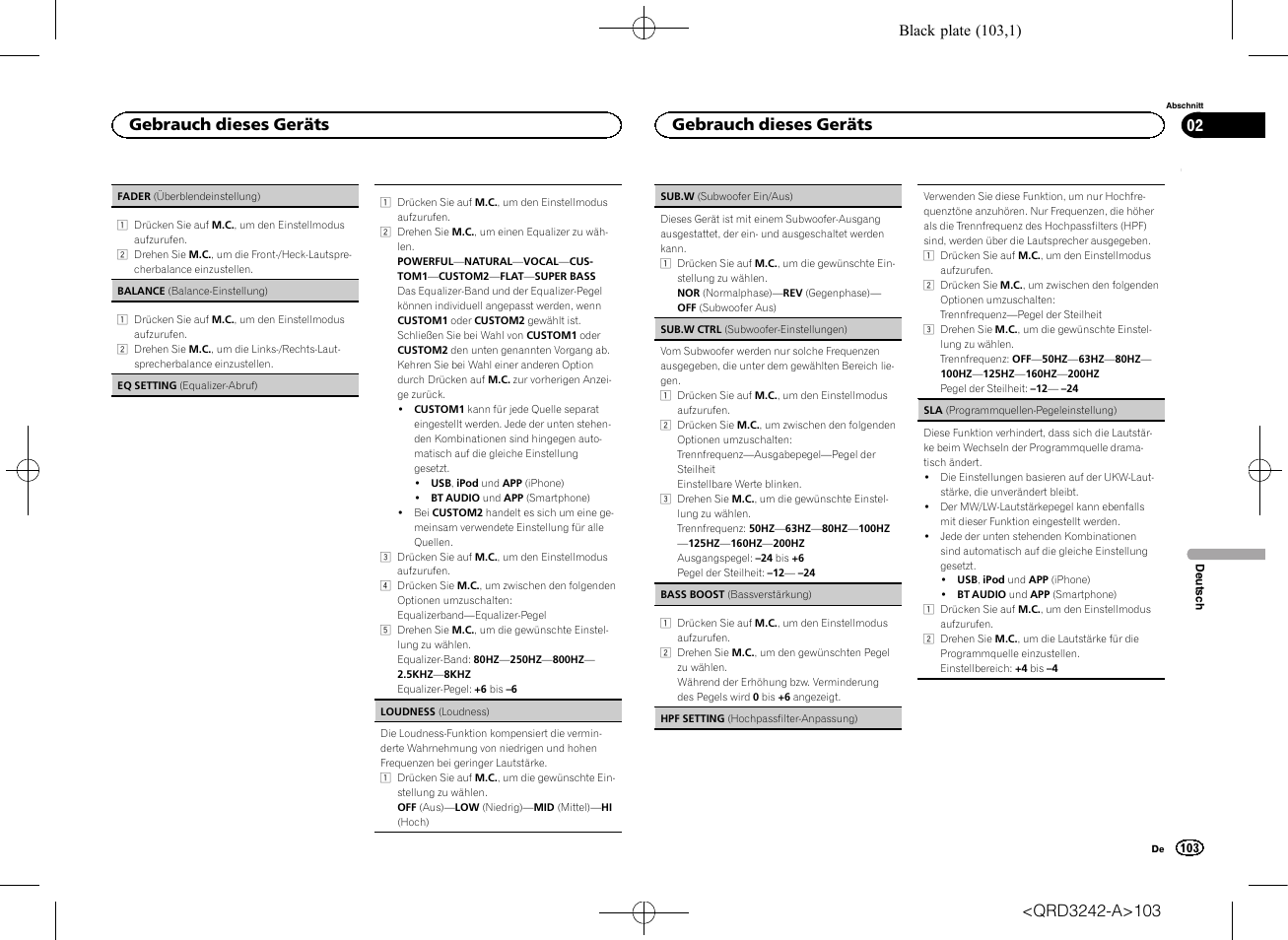 Sub.w (subwoofer, Ein/aus) auf seite 103, Gebrauch dieses geräts | Pioneer MVH-X560BT User Manual | Page 103 / 164
