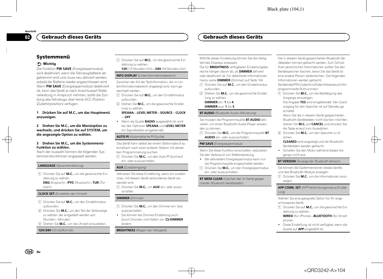 Systemmenü, Gebrauch dieses geräts | Pioneer MVH-X560BT User Manual | Page 104 / 164