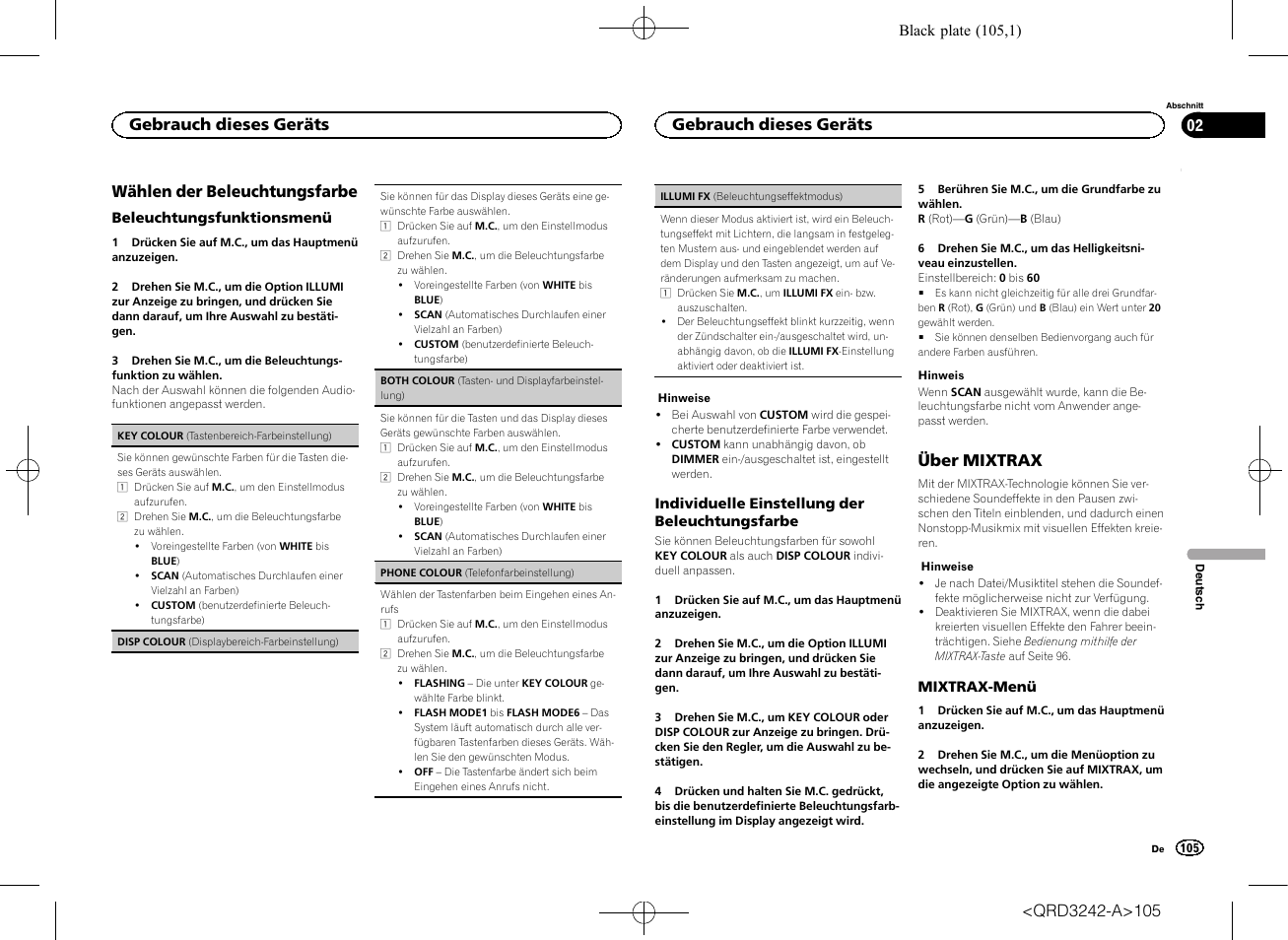 Wählen der beleuchtungsfarbe, Über mixtrax, Gebrauch dieses geräts | Pioneer MVH-X560BT User Manual | Page 105 / 164