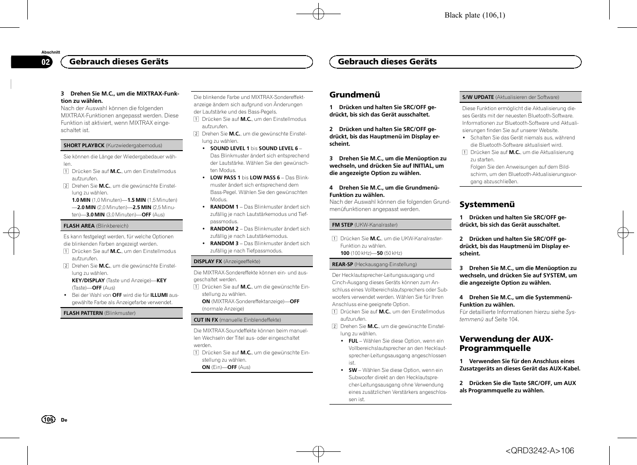 Rear-sp (heckausgang-einstel, Lung) auf seite 106, Grundmenü | Systemmenü, Verwendung der aux- programmquelle, Gebrauch dieses geräts | Pioneer MVH-X560BT User Manual | Page 106 / 164