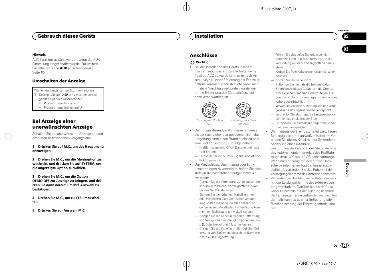 Bei anzeige einer unerwünschten anzeige, Anschlüsse, Gebrauch dieses geräts | Installation | Pioneer MVH-X560BT User Manual | Page 107 / 164