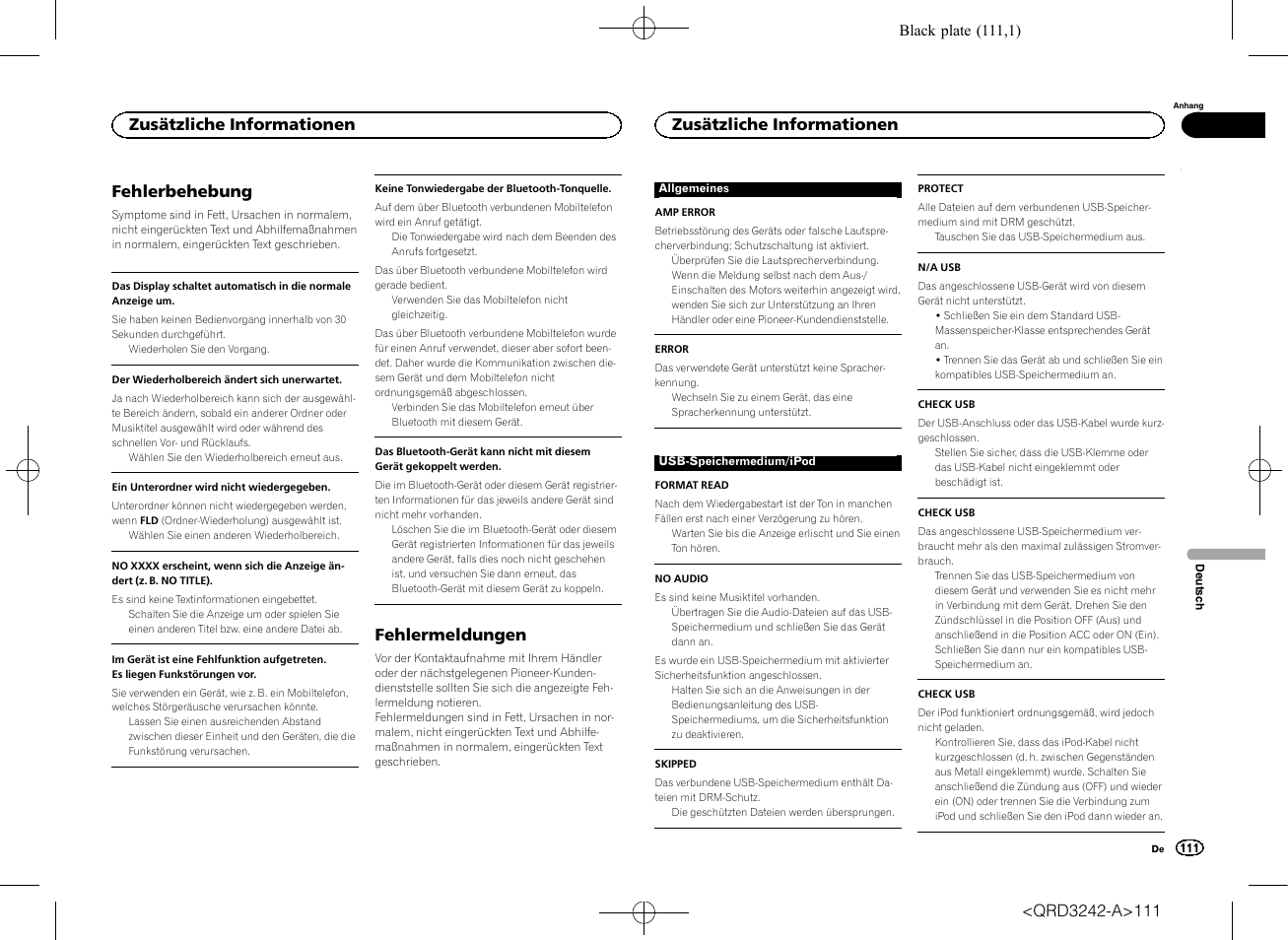 Fehlerbehebung, Fehlermeldungen, Zusätzliche informationen | Pioneer MVH-X560BT User Manual | Page 111 / 164