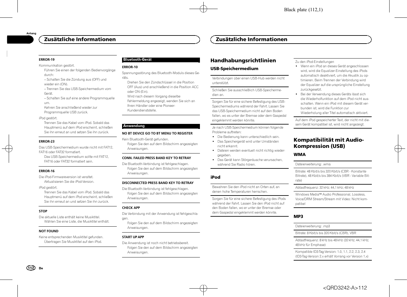 Handhabungsrichtlinien, Kompatibilität mit audio- kompression (usb), Zusätzliche informationen | Pioneer MVH-X560BT User Manual | Page 112 / 164