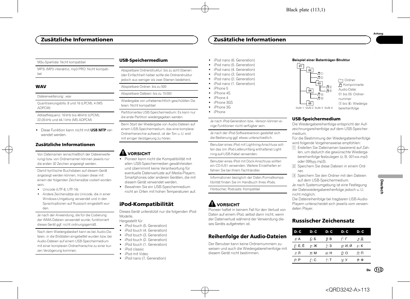 Ipod-kompatibilität, Reihenfolge der audio-dateien, Russischer zeichensatz | Zusätzliche informationen | Pioneer MVH-X560BT User Manual | Page 113 / 164