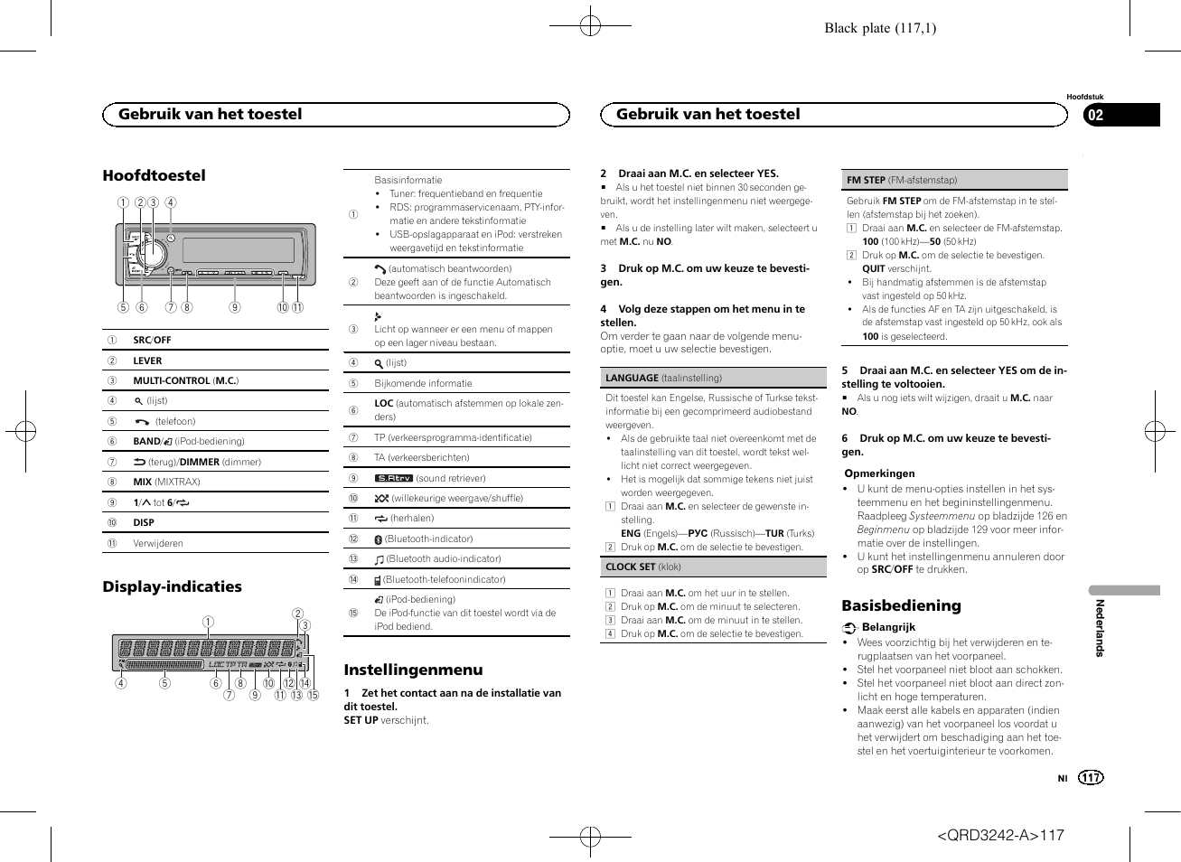 Hoofdtoestel, Display-indicaties, Instellingenmenu | Basisbediening, Gebruik van het toestel | Pioneer MVH-X560BT User Manual | Page 117 / 164