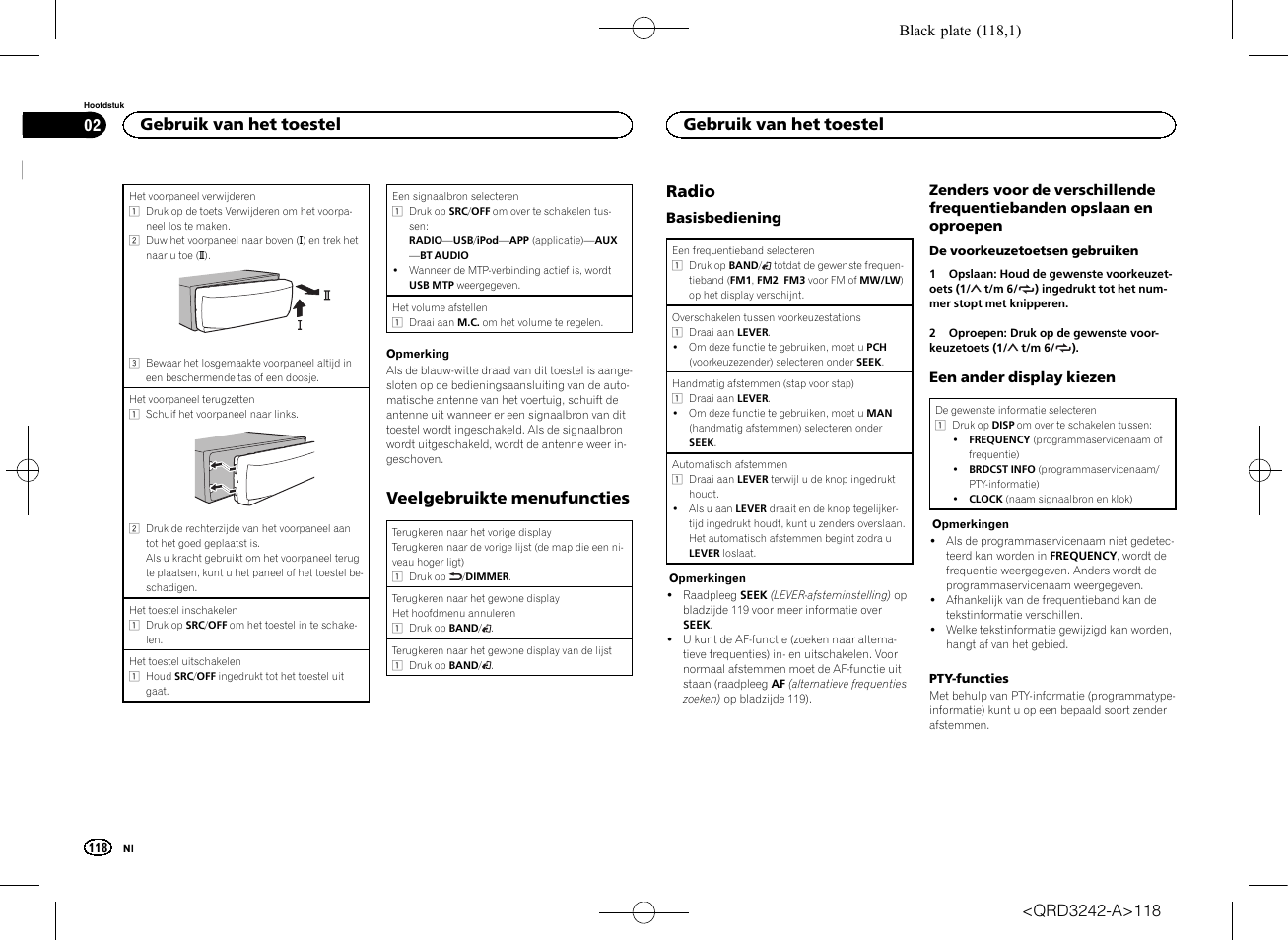 Veelgebruikte menufuncties, Radio, Gebruik van het toestel | Pioneer MVH-X560BT User Manual | Page 118 / 164