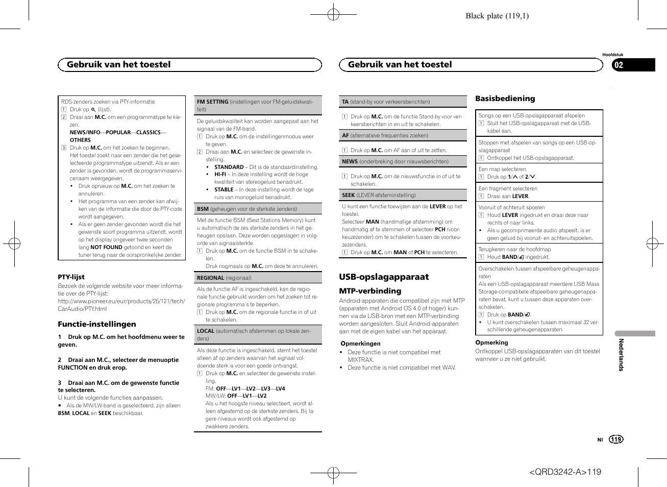 Seek (lever-afsteminstelling) op, Bladzijde 119, Af (alternatieve frequenties | Zoeken) op bladzijde 119), Usb-opslagapparaat, Gebruik van het toestel | Pioneer MVH-X560BT User Manual | Page 119 / 164