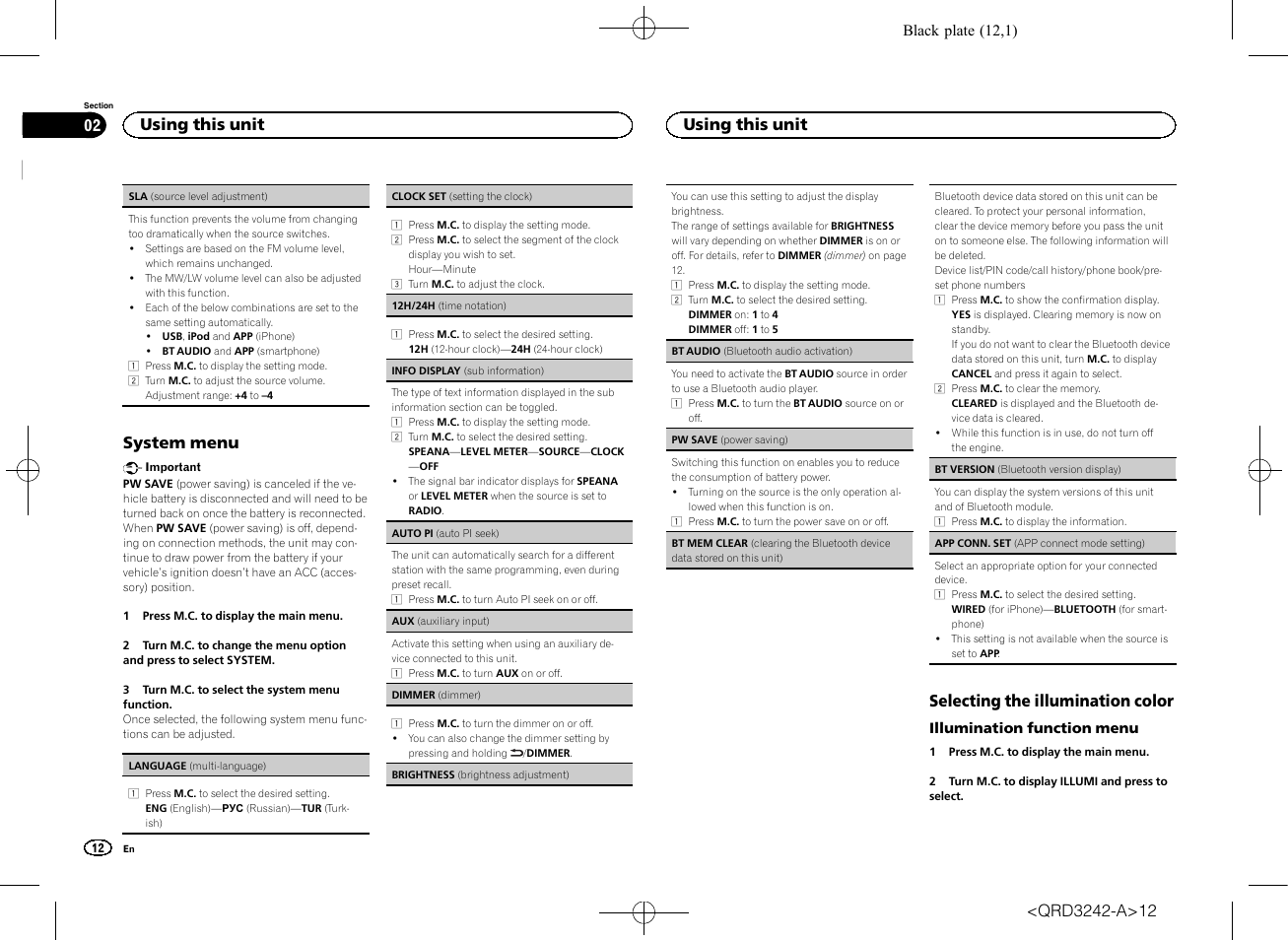 System menu, Selecting the illumination color, Using this unit | Pioneer MVH-X560BT User Manual | Page 12 / 164