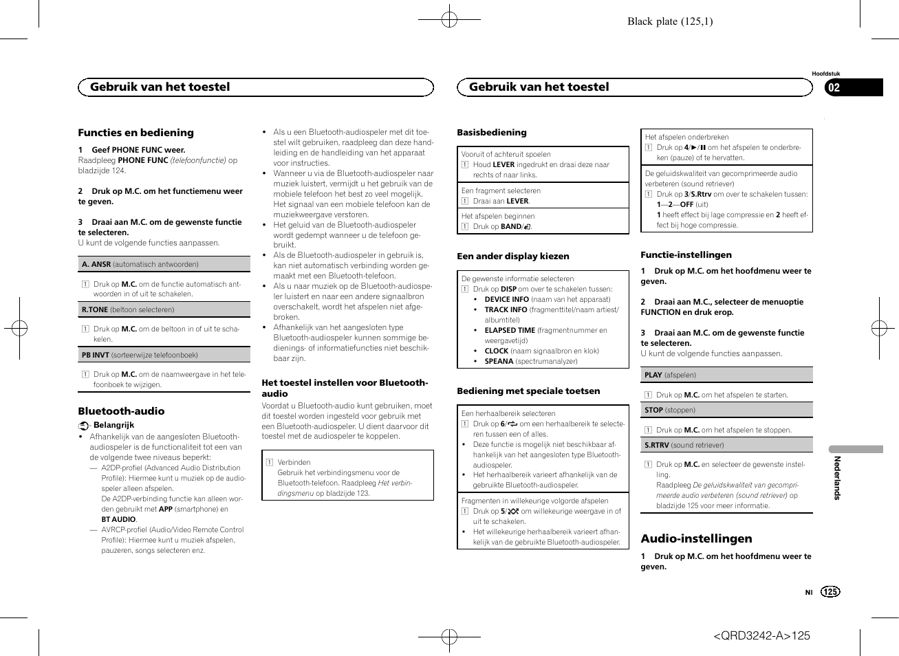 Functies en bediening op bladzijde 125, Audio-instellingen, Gebruik van het toestel | Pioneer MVH-X560BT User Manual | Page 125 / 164