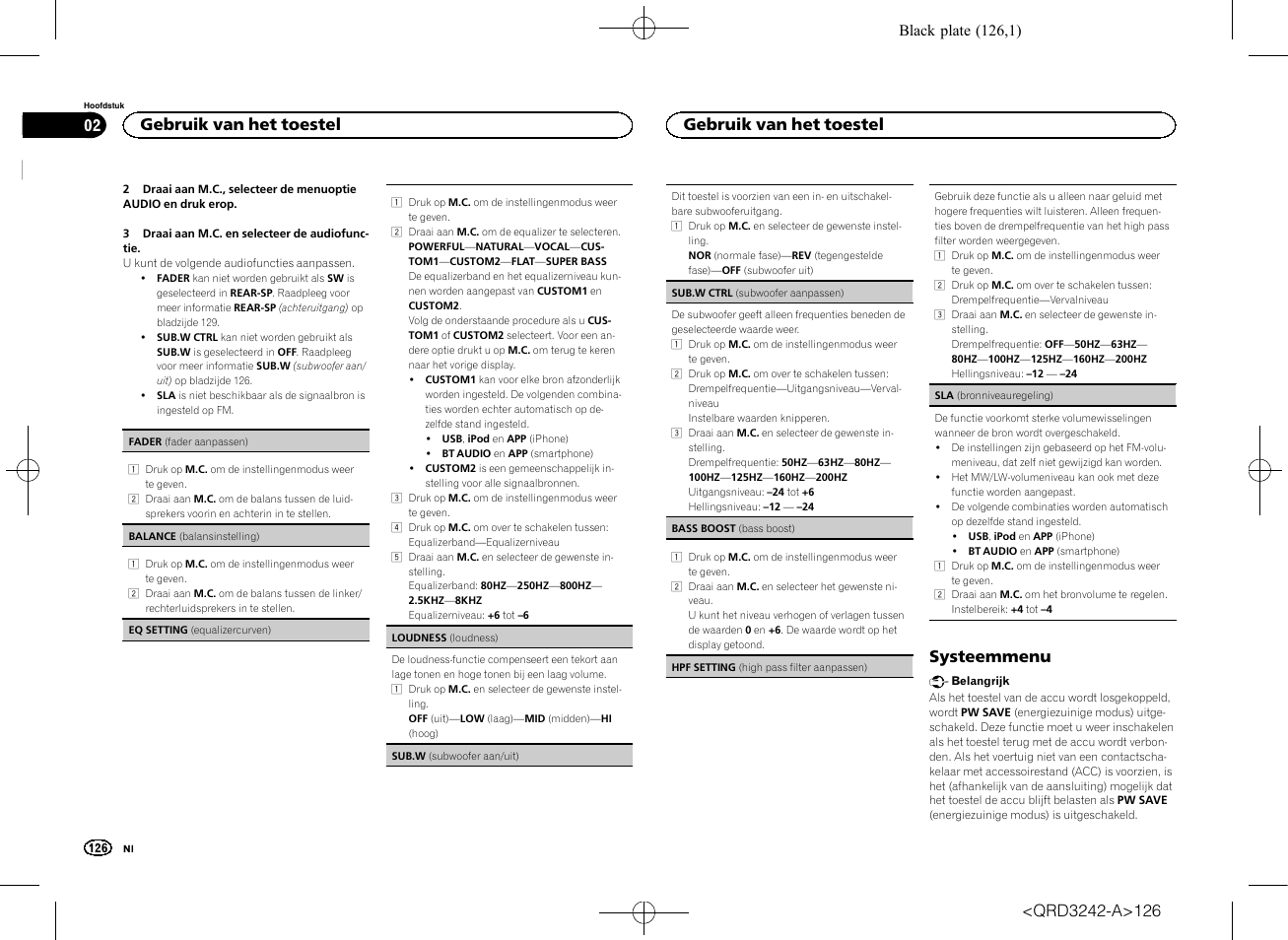 Systeemmenu, Gebruik van het toestel | Pioneer MVH-X560BT User Manual | Page 126 / 164