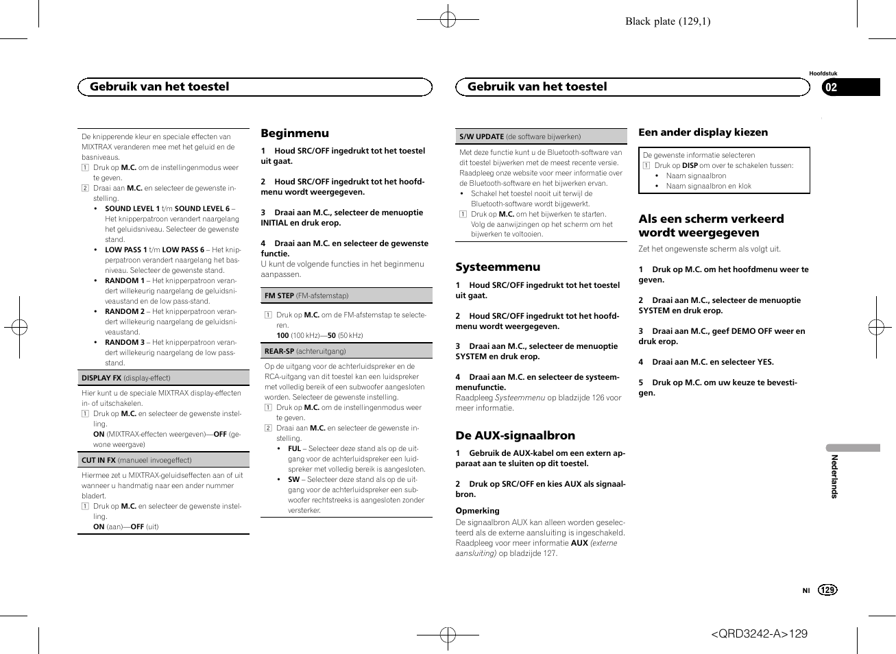 Rear-sp (achteruitgang) op, Bladzijde 129, Beginmenu | Systeemmenu, De aux-signaalbron, Als een scherm verkeerd wordt weergegeven, Gebruik van het toestel | Pioneer MVH-X560BT User Manual | Page 129 / 164