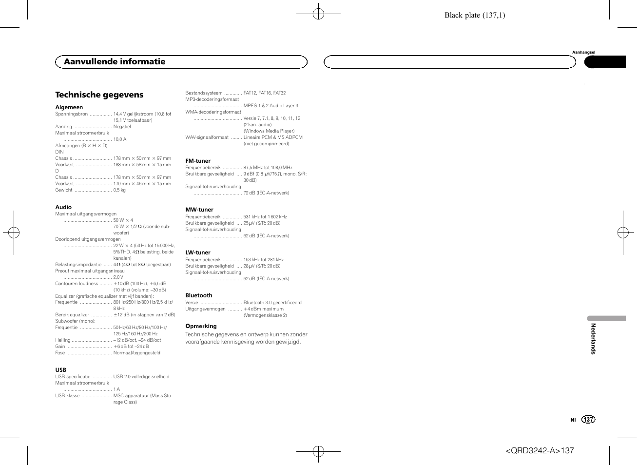 Technische gegevens, Aanvullende informatie, Black plate (137,1) | Pioneer MVH-X560BT User Manual | Page 137 / 164