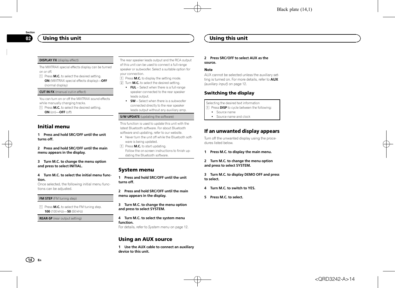 Rear-sp, Initial menu, System menu | Using an aux source, If an unwanted display appears, Using this unit | Pioneer MVH-X560BT User Manual | Page 14 / 164